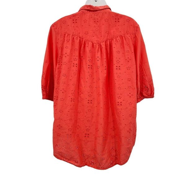 Sundance Corsica Eyelet Top Women's Large Orange Coral Button Up Elbow Sleeve - Picture 5 of 9